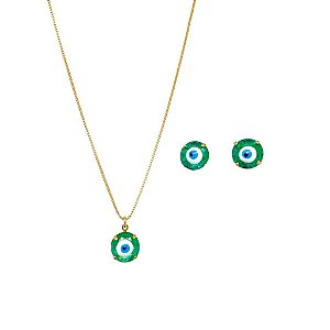 Conjunto em banho de ouro 18k colar e brincos olho grego em cristal azul