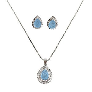 Conjunto colar brincos em banho de ródio branco gota cravejada de zircônias com pedra fusion azul claro