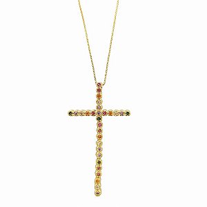 Colar banhado em ouro 18k com cruz maleável de zircônias coloridas em cravação inglesa