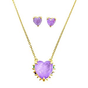 Conjunto colar e brincos em banho de ouro 18k coração com pedra fusion roxa e zircônias coloridas