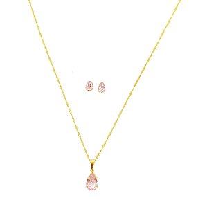 Conjunto em banho de ouro 18k colar e brincos com gota de cristal rosa