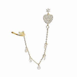 Brinco em banho de ouro 18k coração cravejado de zircônias com extensor e piercing fake