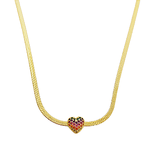 Choker fita banhado em ouro 18k com coração cravejado de zircônias coloridas