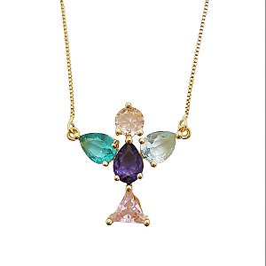 Colar banhado em ouro 18k com divino espirito santo em zircônias coloridas
