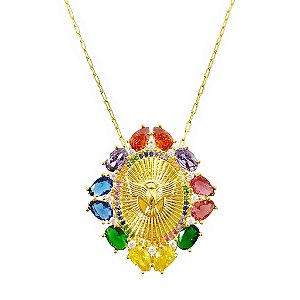 Colar banhado em ouro 18k divino espirito santo cravejado de zircônias coloridas