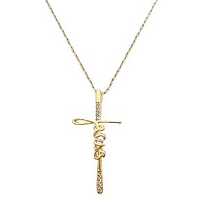 Colar banhado em ouro 18k cruz cravejada de zircônias com o nome Jesus