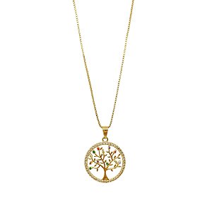 Colar banhado em ouro 18k árvore da vida com micro zircônias brancas e coloridas