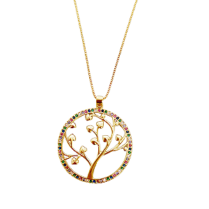 Colar banhado em ouro 18k pingente árvore da vida em aro cravejado de zircônias coloridas