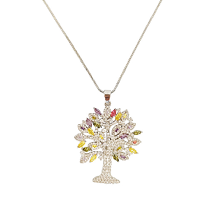 Colar banhado em ródio branco com pingente arvore da vida cravejada de zircônias coloridas e zircônia cristal