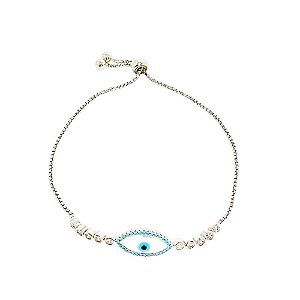 Pulseira ajustável em banho de ródio branco com olho grego e zircônias em cravação inglesa
