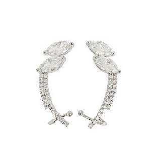Brinco ear cuff em banho de ródio branco com gotas em cristal e zircônias brancas