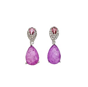 Brinco em banho de ródio branco gota fusion roxa e gota de cristal roxo cravejado de zircônias cristais