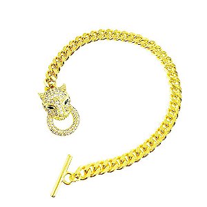 Pulseira em banho de ouro 18k com cabeça de tigre cravejada de zircônias cristais e olhos em zircônias verdes