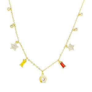 Colar em banho de ouro 18k penduricalhos pontos de luz estrelas e zircônias