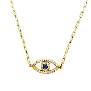 Colar em banho de ouro 18k elos cartier com olho vazado cravejado de zircônias cristais com zircônia azul