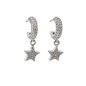 Brinco em banho de ródio branco mini argola com estrela cravejado de zircônias