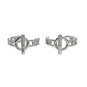 Brinco em banho de ródio branco argola em elos cartier com círculo e detalhes em zircônias
