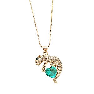 Colar em banho de ouro 18k com pingente pantera cravejado de zircônias cristais e coração em turmalina verde