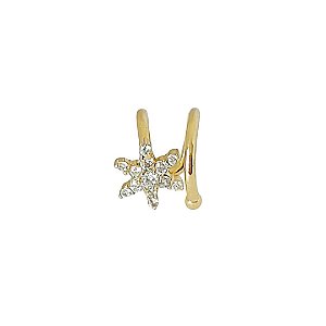 Brinco piercing em banho de ouro 18k duas voltas com flor cravejada de zircônias cristais