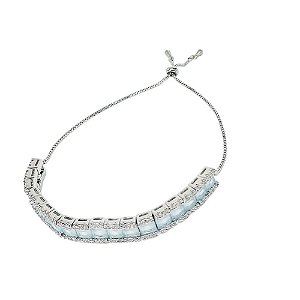 Pulseira em banho de ródio branco cravejada de zircônias com pedra fusion retangular azul bebê