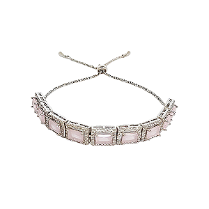Pulseira fecho gravata em banho de ródio branco cravejada de zircônias com pedras fusion rosa
