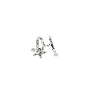 Brinco piercing em banho de ródio branco com flor cravejada de zircônias cristais