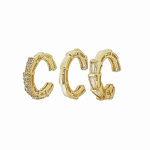 Trio de brincos piercings em banho de ouro 18k com zircônias cristais e liso
