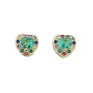 Brinco coração em banho de ouro 18k cravejado de zircônias coloridas com zircônia verde