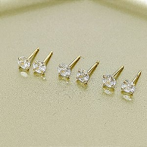 Trio de brincos em banho de ouro 18k pontos luz em zircônias