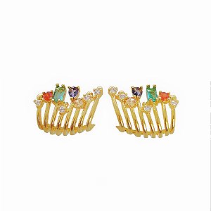Brinco ear cuff em banho de ouro 18k  liso com zircônias coloridas e zircônias cristais