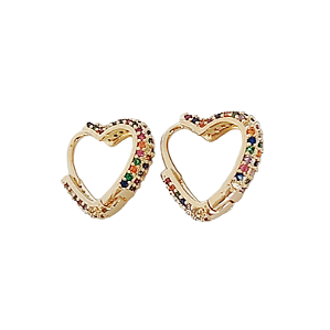 Brinco argola coração em banho de ouro 18k cravejado de zircônias coloridas