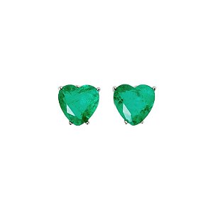 Brinco em banho de ouro branco coração de pedra verde esmeralda