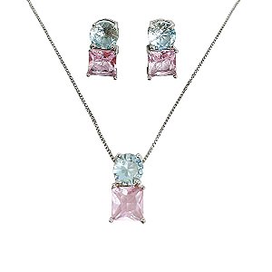 Conjunto colar e brincos em banho de ródio branco com cristais azul e rosa