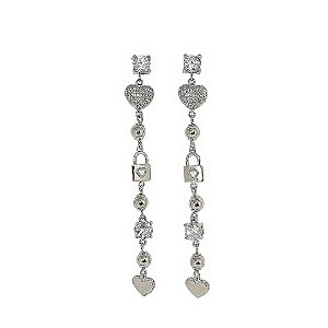 Brinco longo em banho de ouro branco com zircônias coração bolinhas e cadeado
