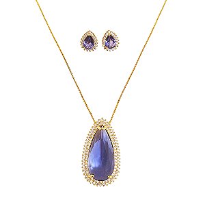 Conjunto colar e brincos em banho de ouro 18k com gotas de cristal lilás cravejadas de zircônias cristais
