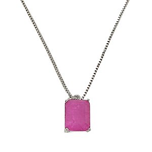 Colar em banho de ouro branco com pingente retângular de pedra fusion rosa magenta