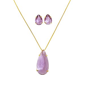 Conjunto colar e brincos em banho de ouro 18k com gota de cristal lilás