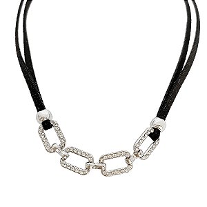 Choker em couro com elos em banho de ródio branco cravejado de zircônias cristais