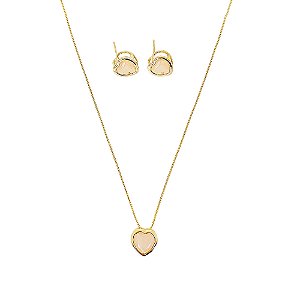 Conjunto colar e brincos coração em banho de ouro 18k com cristal rosé