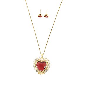 Conjunto em banho de ouro 18k colar e brincos de coração cravejado de zircônias com cristal vermelho rubi