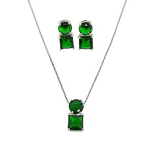 Conjunto colar e brincos em banho de ródio branco com cristais verde esmeralda