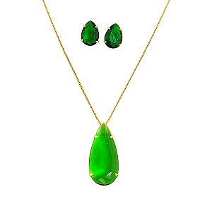 Conjunto colar e brincos em banho 18k com gota de cristal verde esmeralda