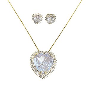 Conjunto colar e brincos em banho de ouro 18k com coração cravejado de zircônias com cristal