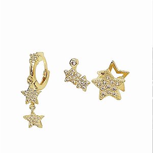 Trio de brincos banhados em ouro 18k com zircônias cristais