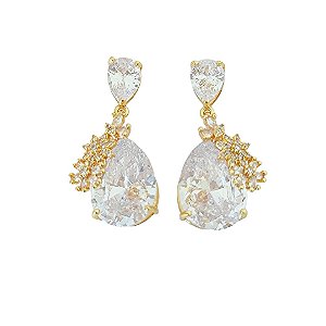 Brinco banhado em ouro 18k gotas em cristal com flores cravejadas de zircônias