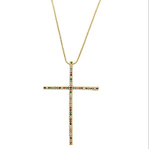 Colar em banho de ouro 18k com cruz cravejada de zircônias coloridas