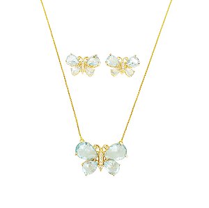 Conjunto em banho de ouro 18k colar e brincos borboletas em cristal azul