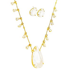 Conjunto colar e brincos banhado em ouro 18k com bolinhas na corrente e gotas de zircônia