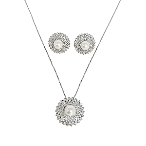 Conjunto colar e brincos em banho de ródio branco cravejados de zircônias com pérola shell