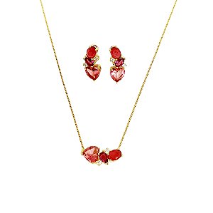 Conjunto de colar e brincos banhados em ouro 18k com zircônias e cristal rosa